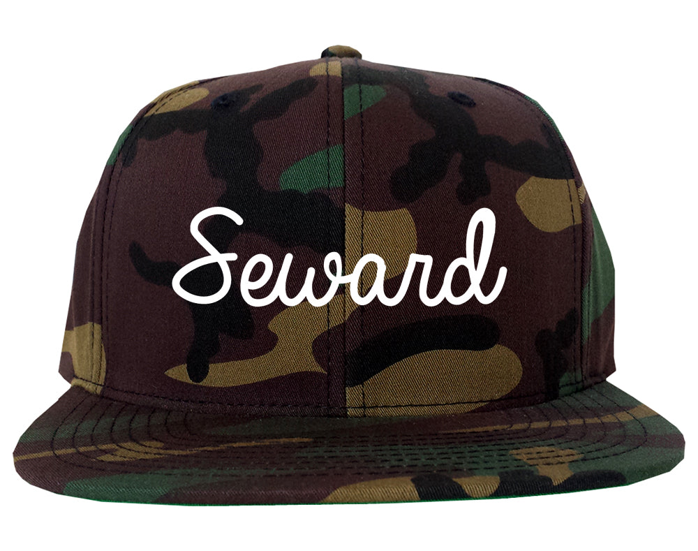 Seward Nebraska NE Script Mens Snapback Hat Army Camo