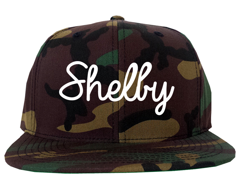Shelby Ohio OH Script Mens Snapback Hat Army Camo