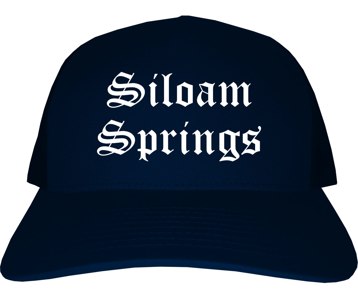 Siloam Springs Arkansas AR Old English Mens Trucker Hat Cap Navy Blue