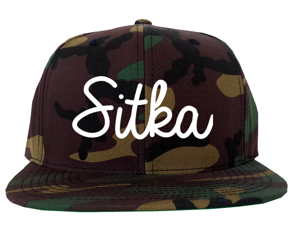 Sitka and Alaska AK Script Mens Snapback Hat Army Camo