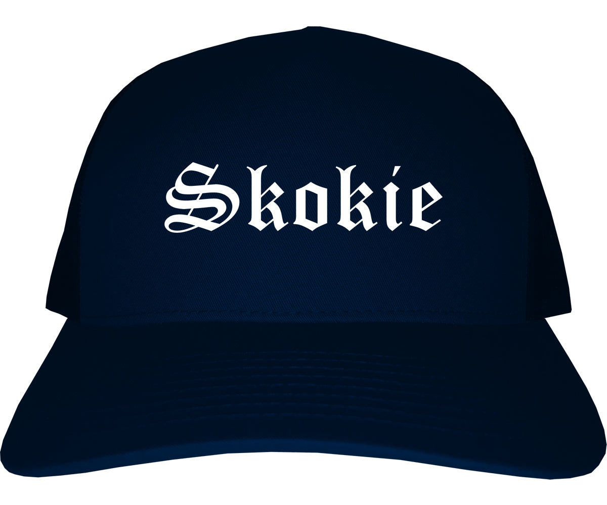 Skokie Illinois IL Old English Mens Trucker Hat Cap Navy Blue