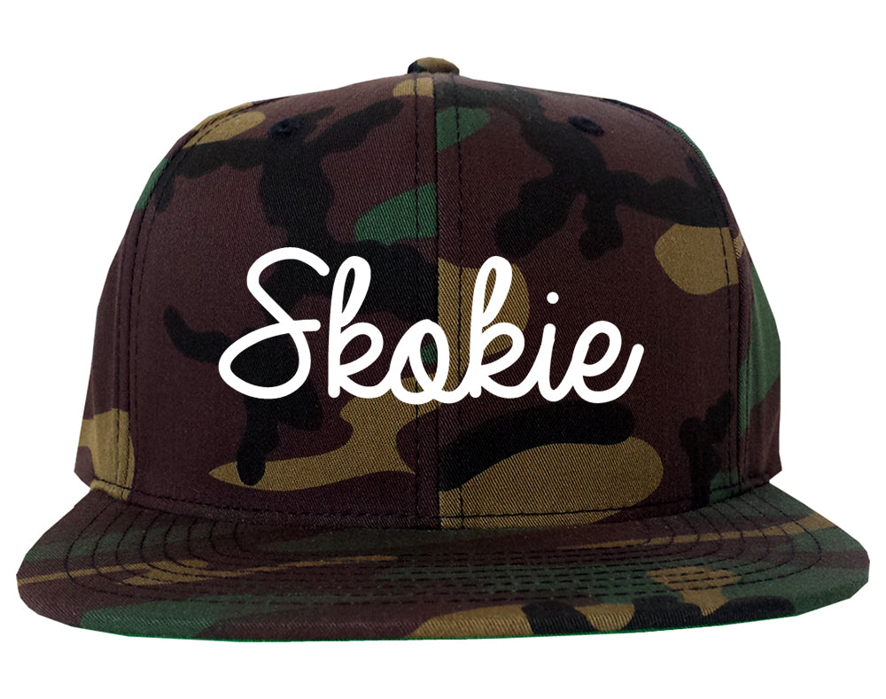 Skokie Illinois IL Script Mens Snapback Hat Army Camo