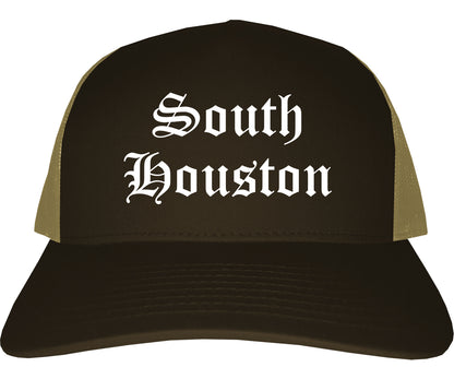 South Houston Texas TX Old English Mens Trucker Hat Cap Brown