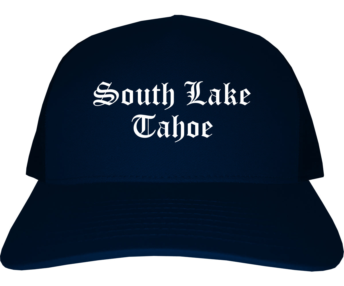 South Lake Tahoe California CA Old English Mens Trucker Hat Cap Navy Blue