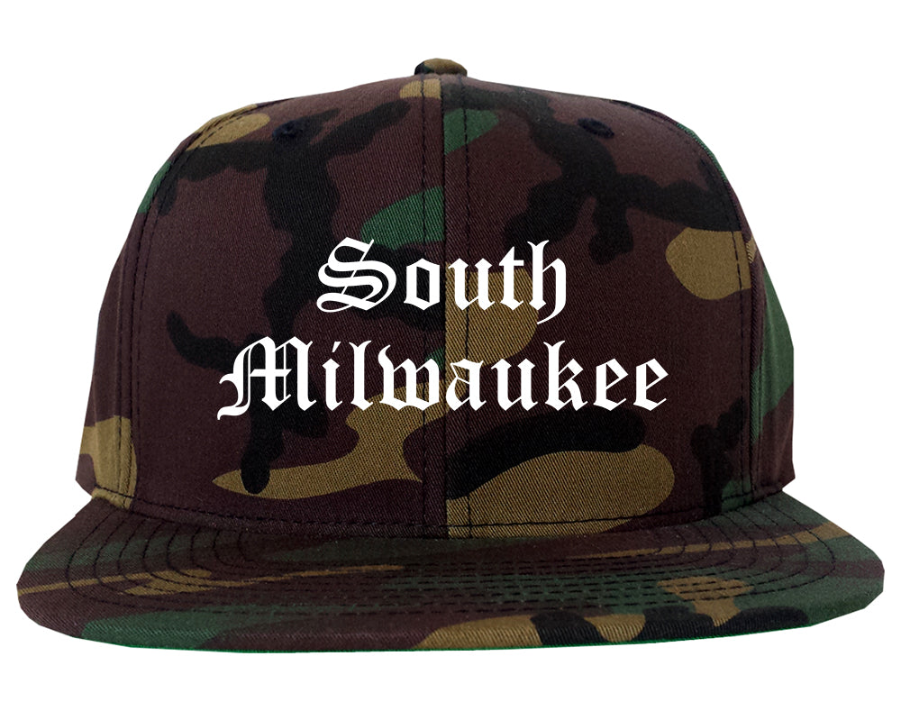 South Milwaukee Wisconsin WI Old English Mens Snapback Hat Army Camo