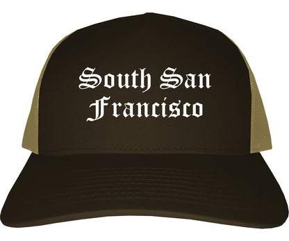 South San Francisco California CA Old English Mens Trucker Hat Cap Brown