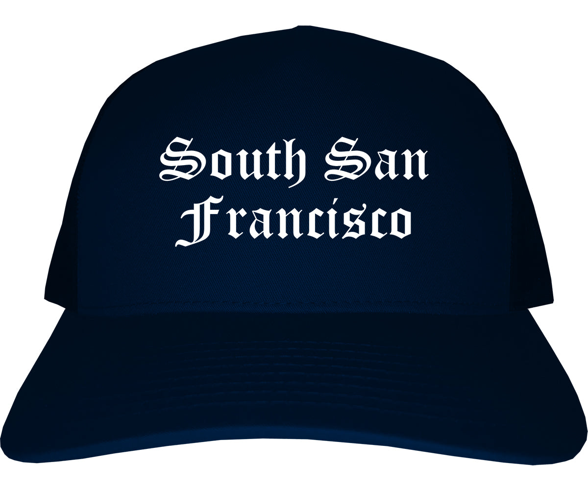 South San Francisco California CA Old English Mens Trucker Hat Cap Navy Blue