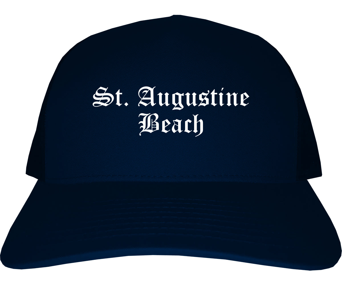 St. Augustine Beach Florida FL Old English Mens Trucker Hat Cap Navy Blue