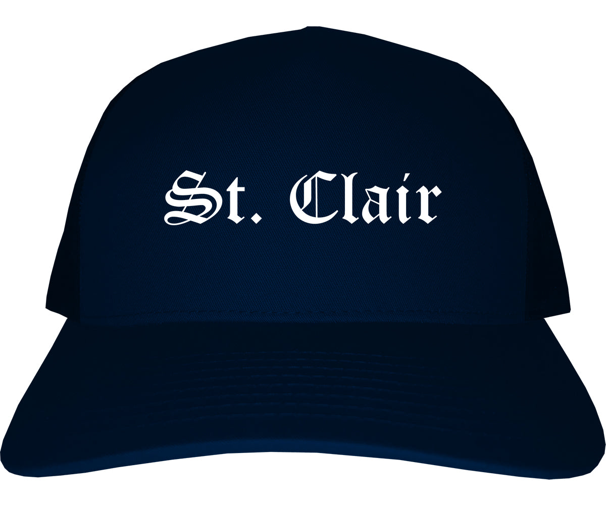 St. Clair Michigan MI Old English Mens Trucker Hat Cap Navy Blue