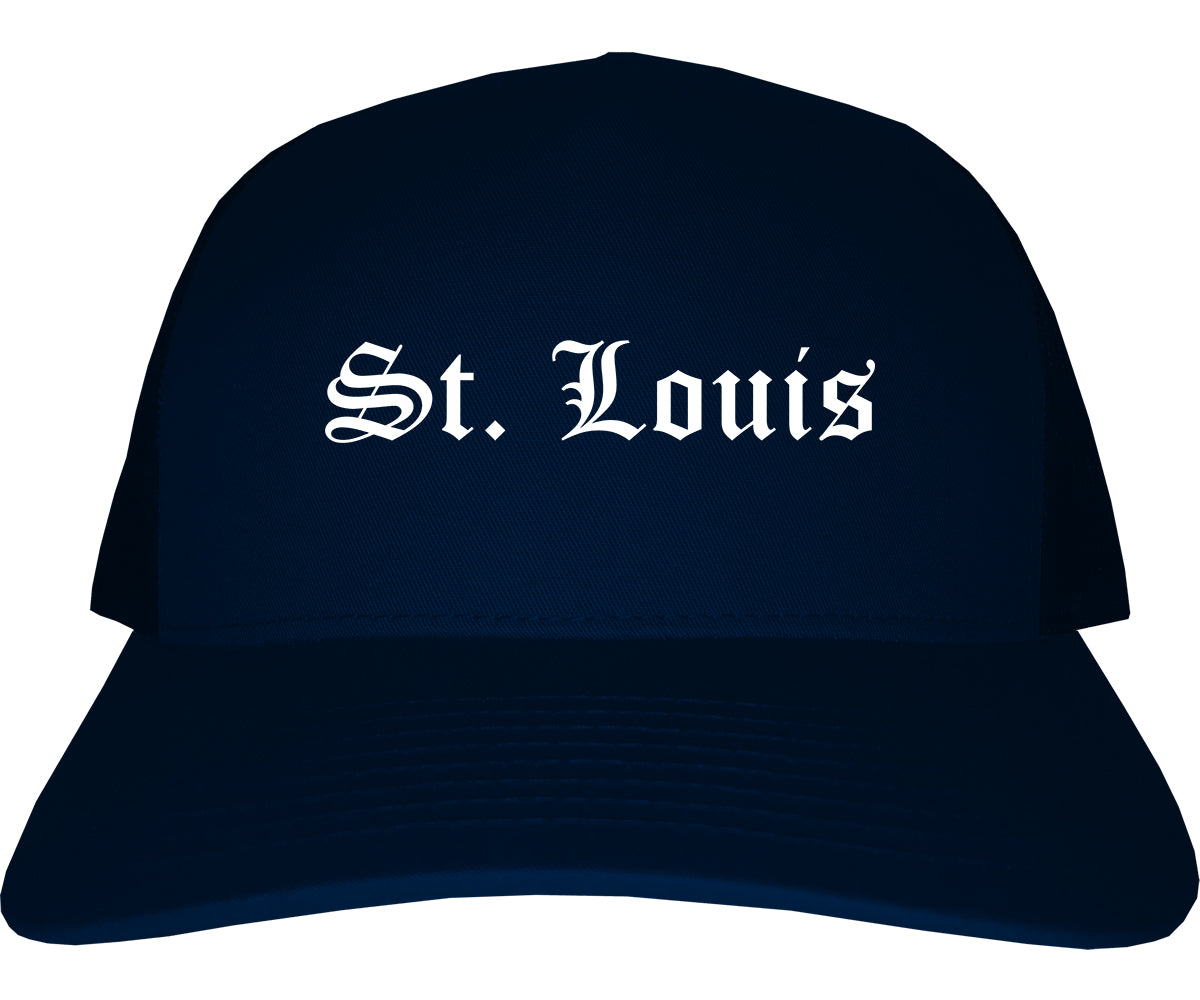 St. Louis Missouri MO Old English Mens Trucker Hat Cap Navy Blue