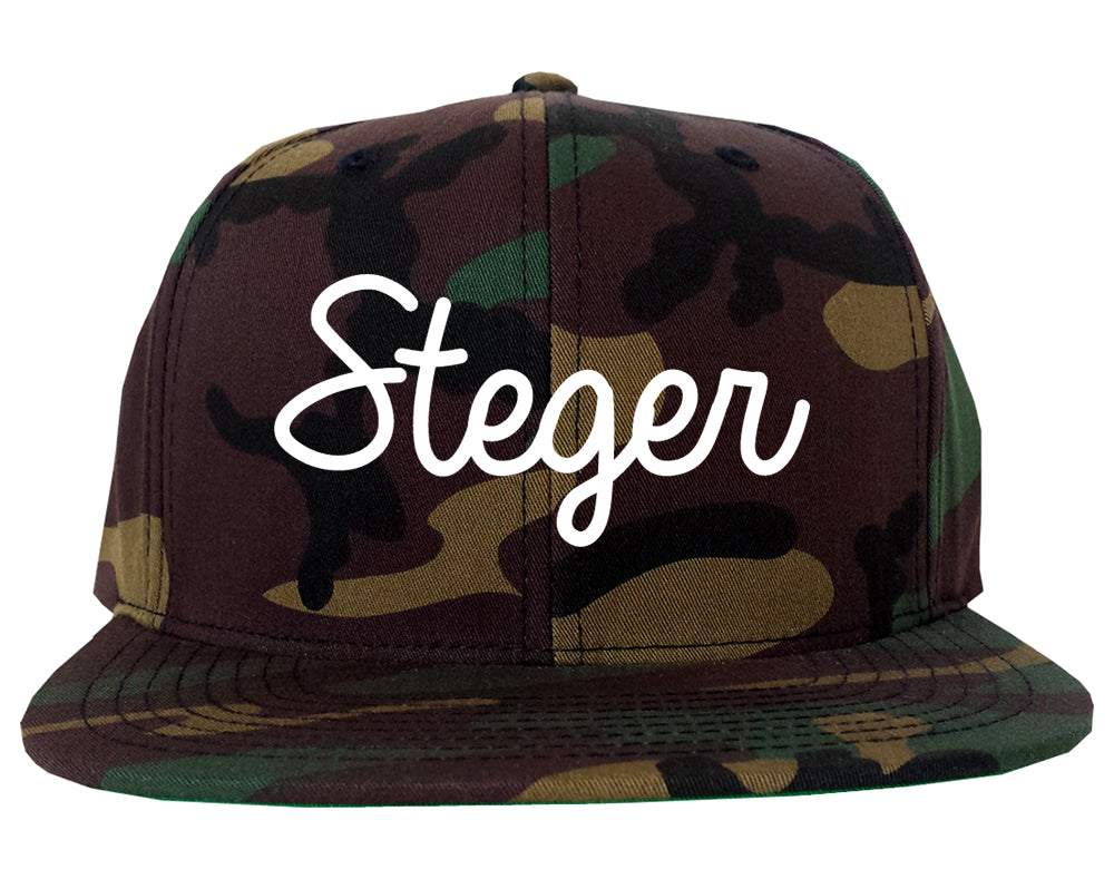 Steger Illinois IL Script Mens Snapback Hat Army Camo