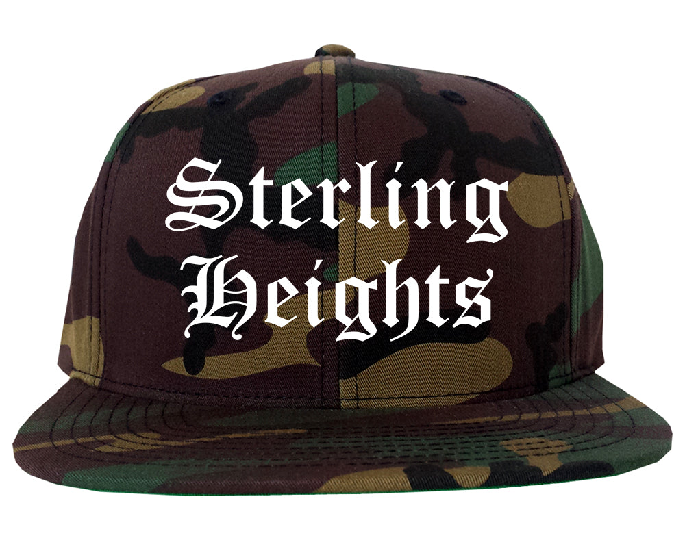Sterling Heights Michigan MI Old English Mens Snapback Hat Army Camo
