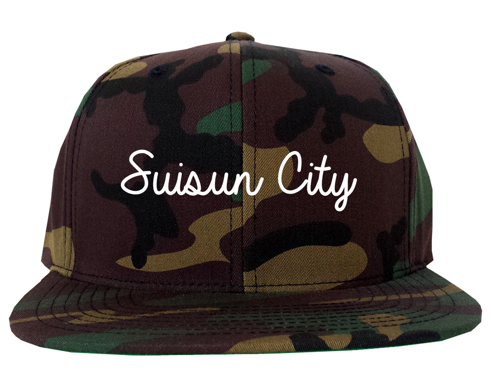 Suisun City California CA Script Mens Snapback Hat Army Camo