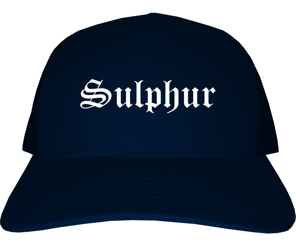 Sulphur Oklahoma OK Old English Mens Trucker Hat Cap Navy Blue