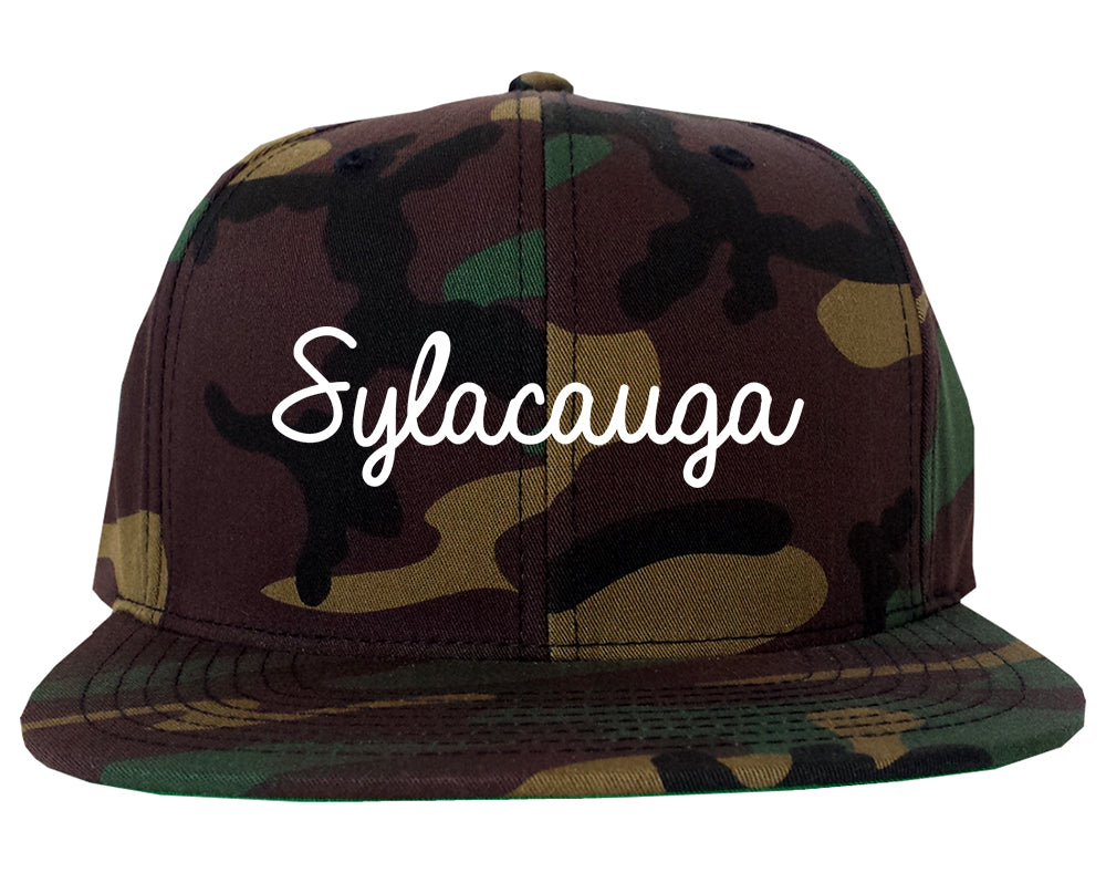 Sylacauga Alabama AL Script Mens Snapback Hat Army Camo