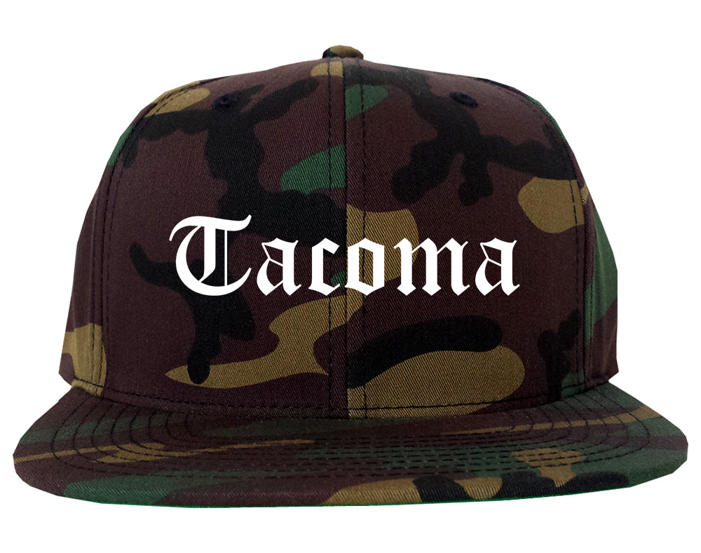 Tacoma Washington WA Old English Mens Snapback Hat Army Camo