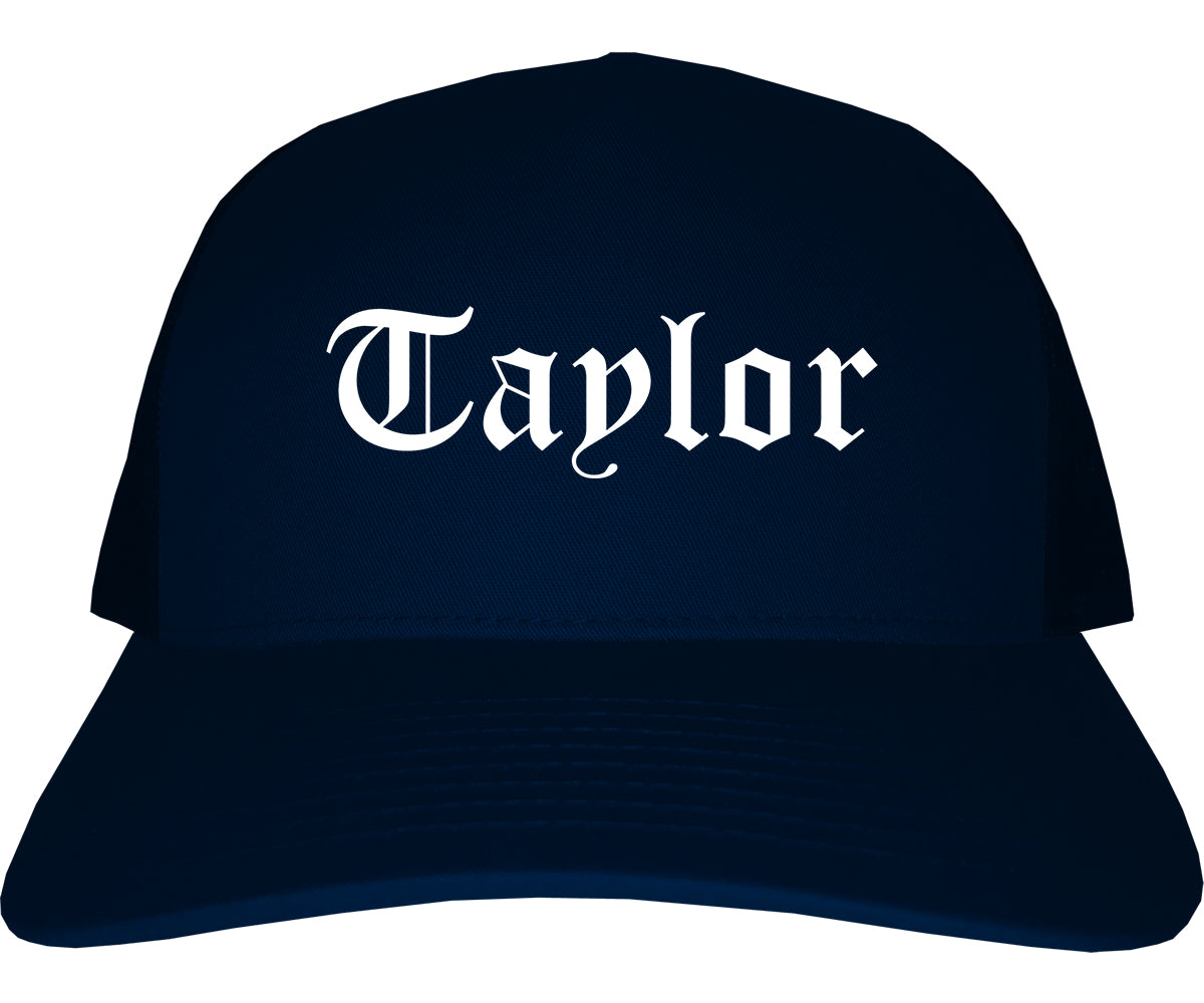 Taylor Michigan MI Old English Mens Trucker Hat Cap Navy Blue