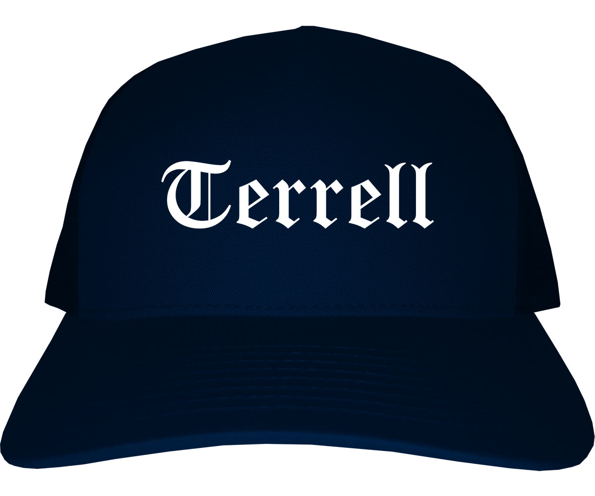Terrell Texas TX Old English Mens Trucker Hat Cap Navy Blue