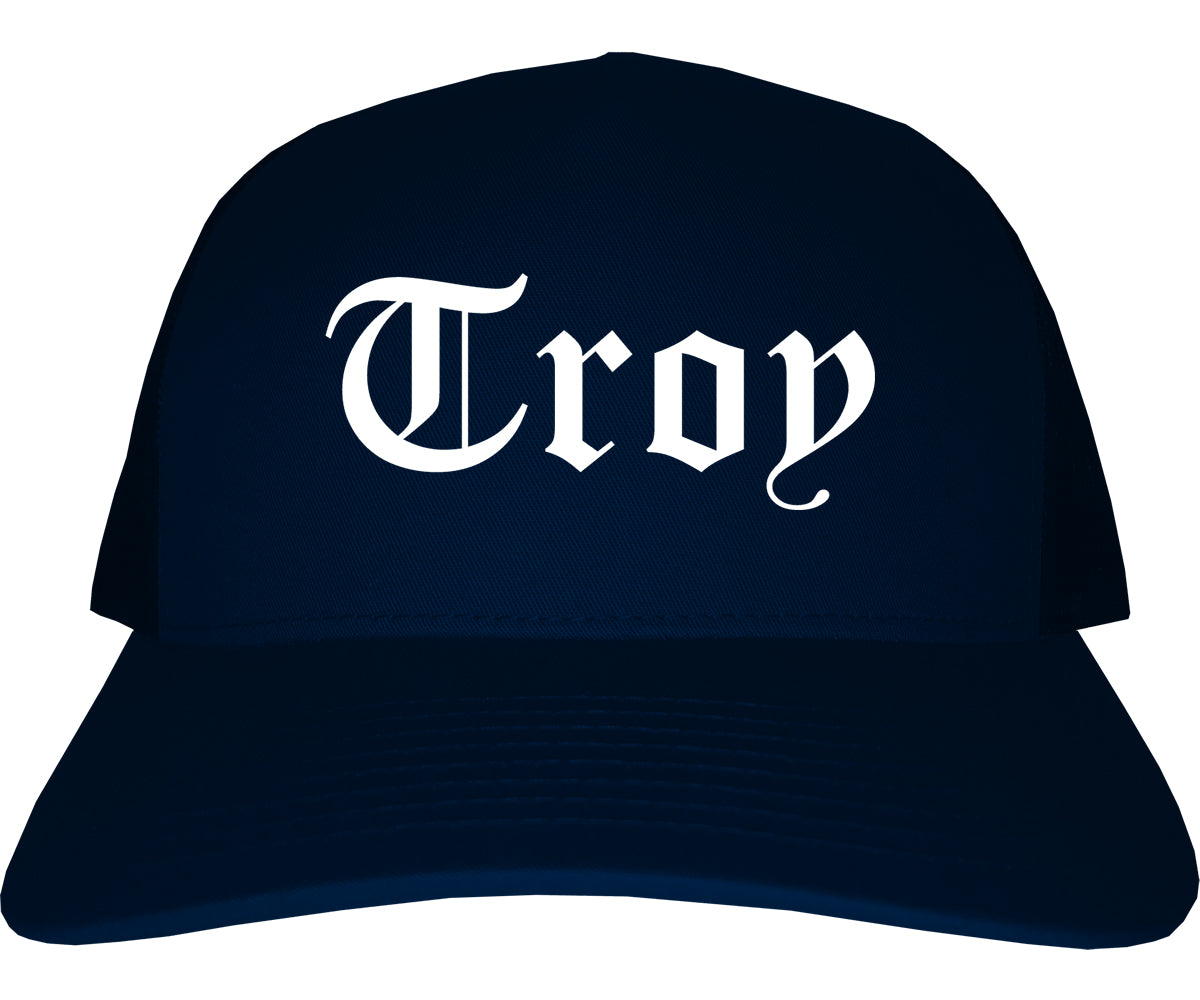 Troy Alabama AL Old English Mens Trucker Hat Cap Navy Blue