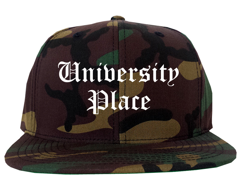 University Place Washington WA Old English Mens Snapback Hat Army Camo
