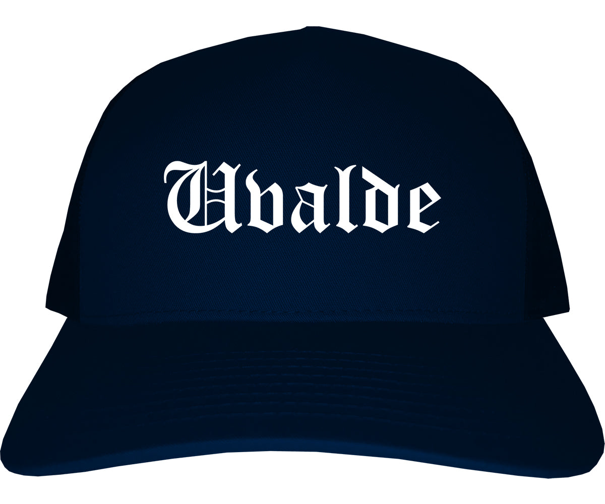 Uvalde Texas TX Old English Mens Trucker Hat Cap Navy Blue