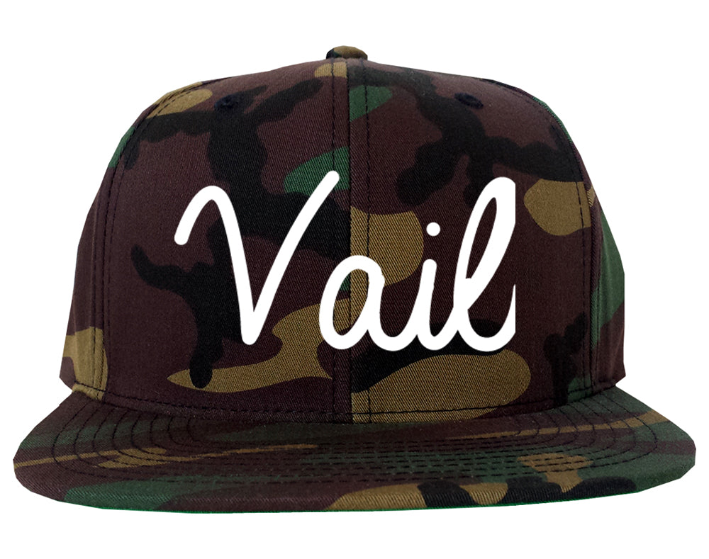 Vail Colorado CO Script Mens Snapback Hat Army Camo