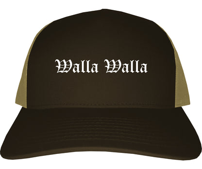Walla Walla Washington WA Old English Mens Trucker Hat Cap Brown