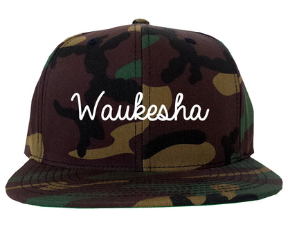 Waukesha Wisconsin WI Script Mens Snapback Hat Army Camo
