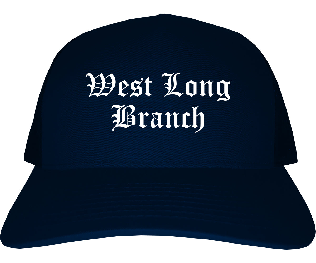 West Long Branch New Jersey NJ Old English Mens Trucker Hat Cap Navy Blue