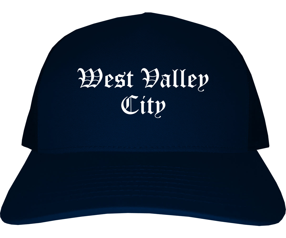 West Valley City Utah UT Old English Mens Trucker Hat Cap Navy Blue
