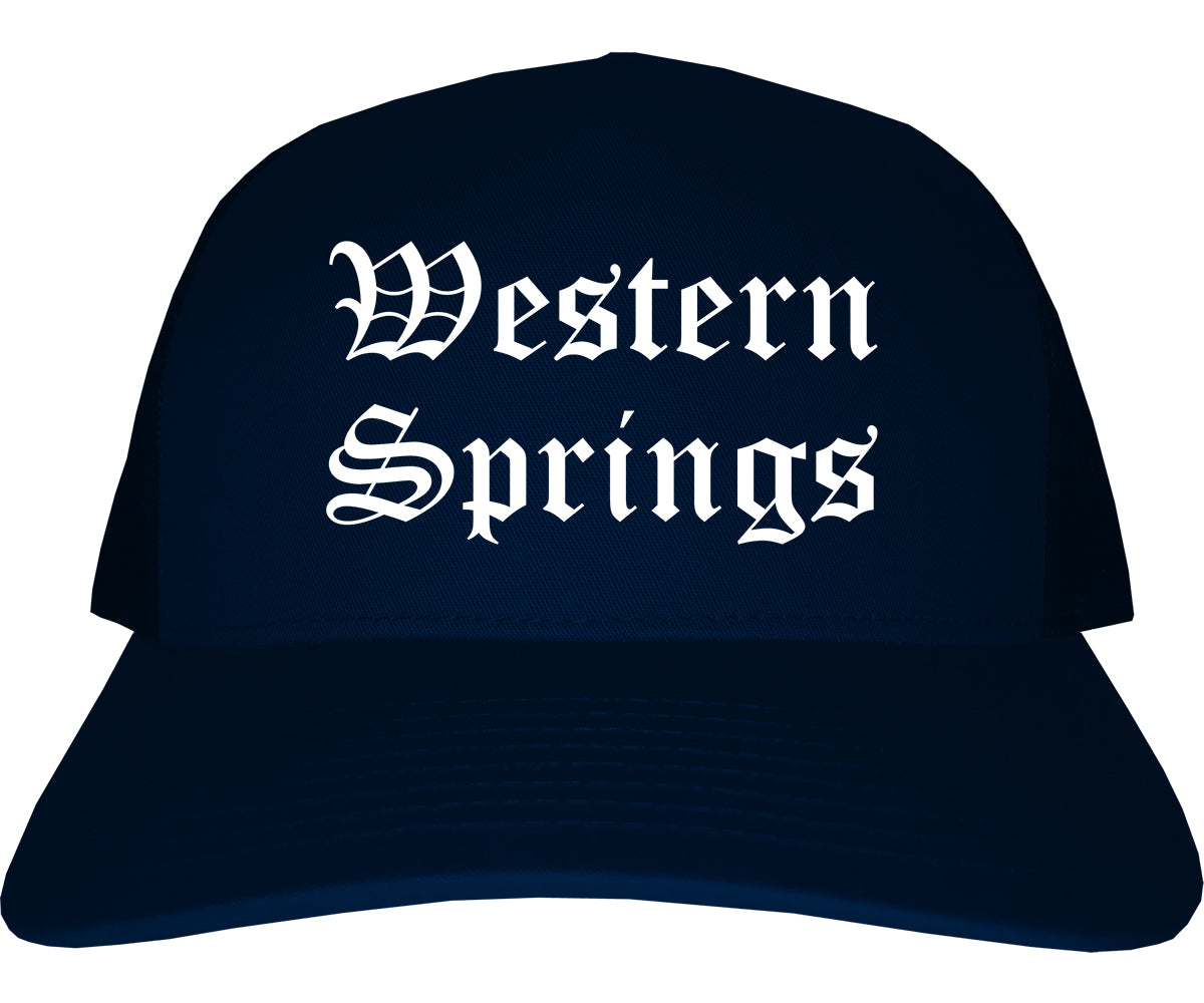 Western Springs Illinois IL Old English Mens Trucker Hat Cap Navy Blue