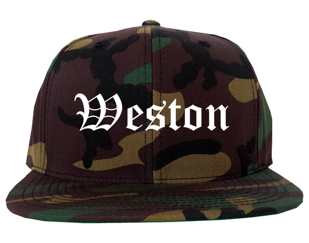 Weston Wisconsin WI Old English Mens Snapback Hat Army Camo