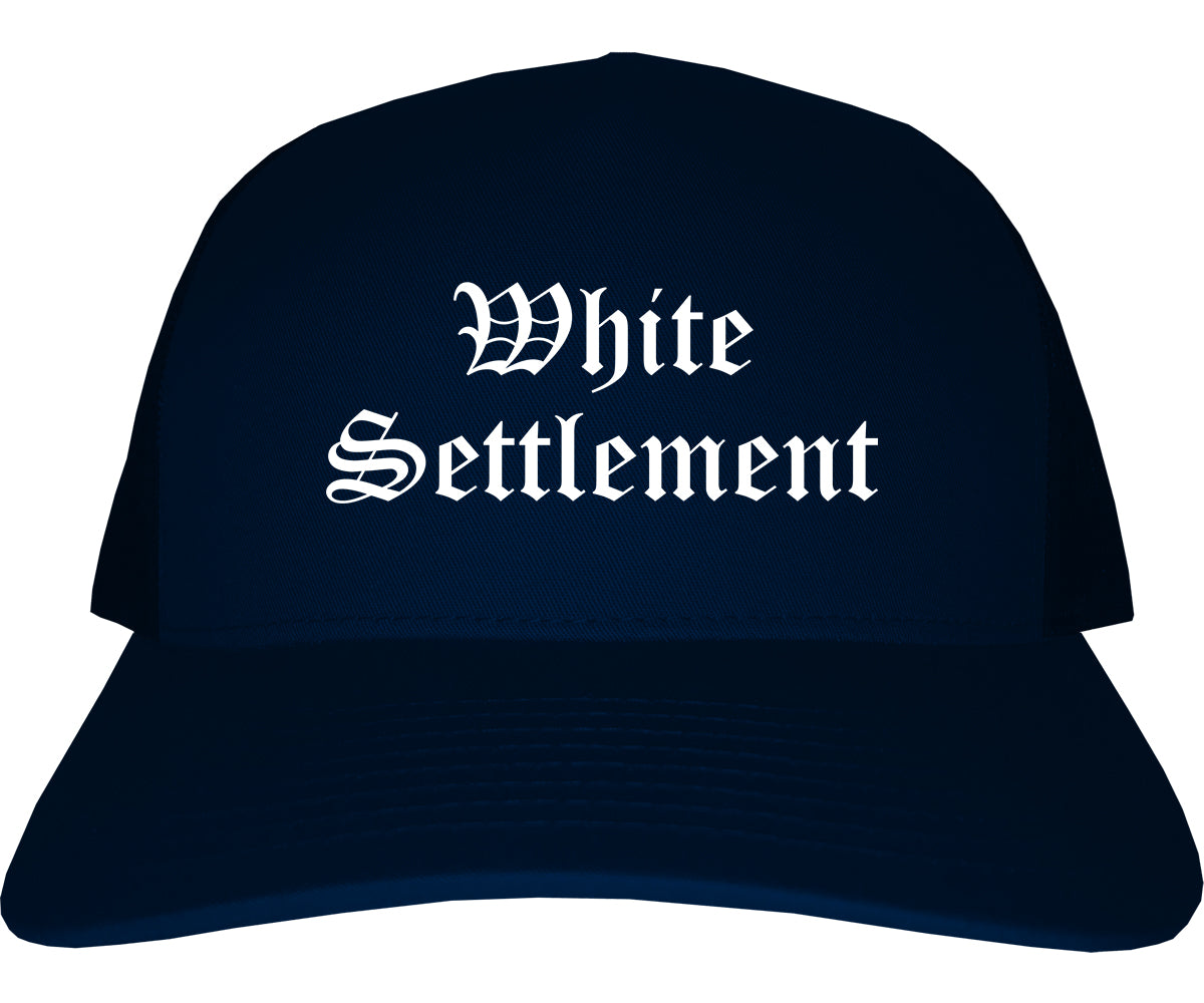 Brown Settlement Texas TX Old English Mens Trucker Hat Cap Navy Blue