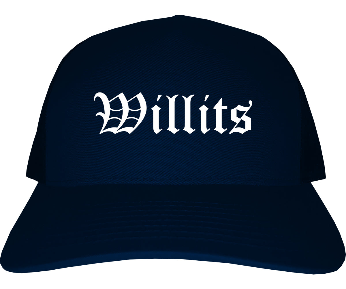 Willits California CA Old English Mens Trucker Hat Cap Navy Blue