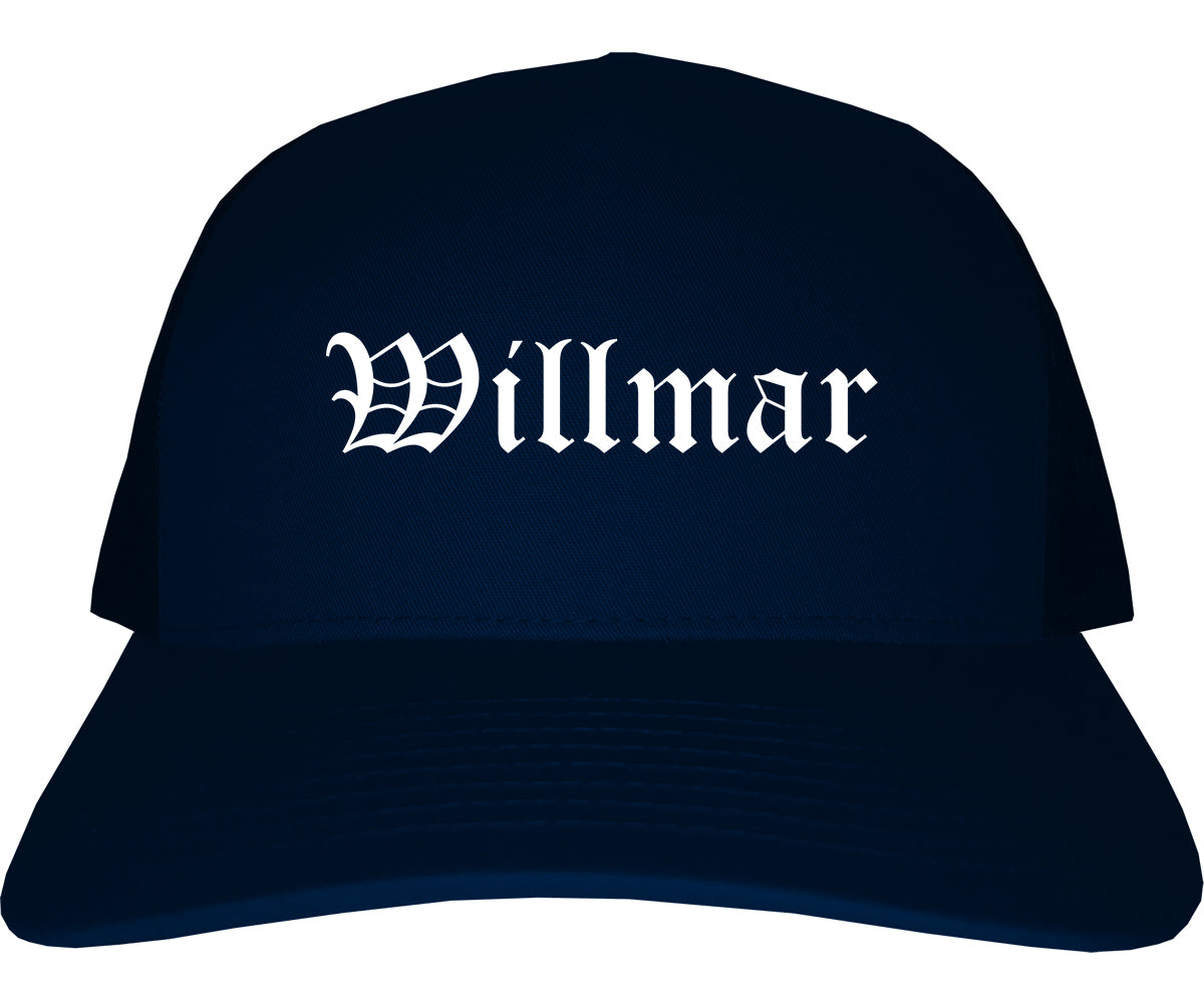 Willmar Minnesota MN Old English Mens Trucker Hat Cap Navy Blue