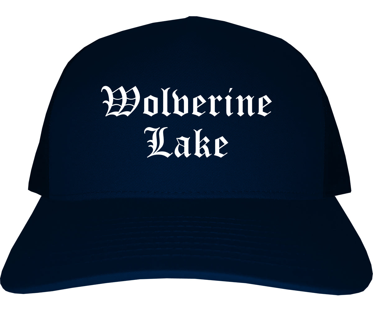Wolverine Lake Michigan MI Old English Mens Trucker Hat Cap Navy Blue