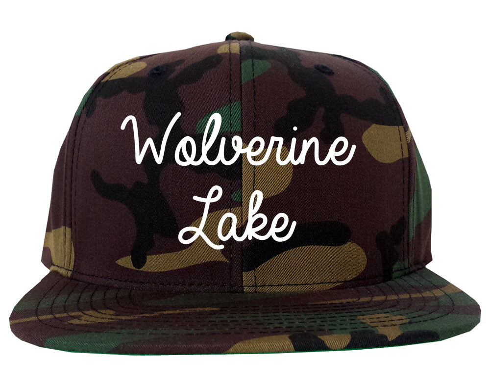 Wolverine Lake Michigan MI Script Mens Snapback Hat Army Camo