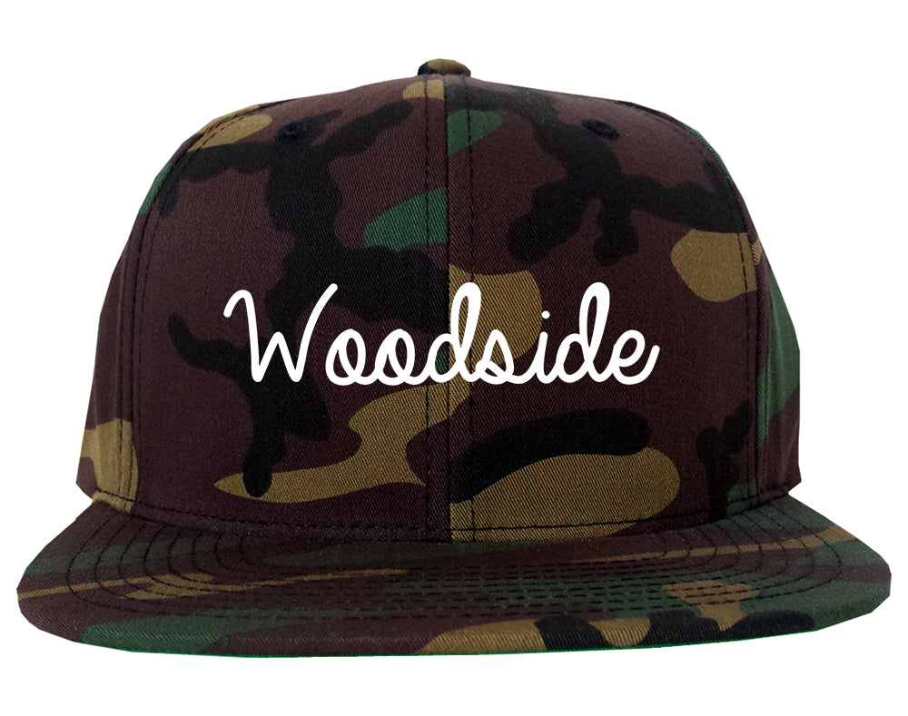 Woodside California CA Script Mens Snapback Hat Army Camo
