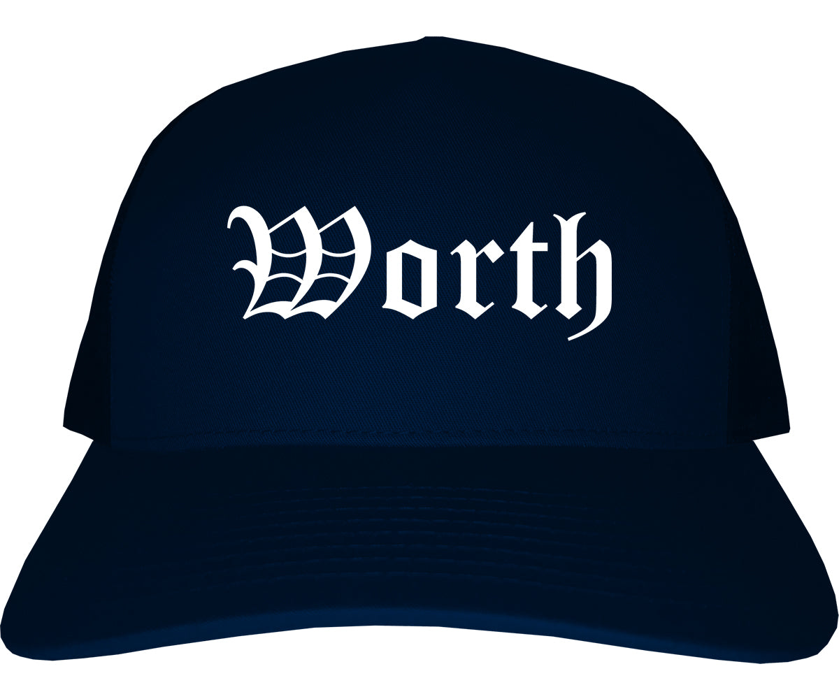 Worth Illinois IL Old English Mens Trucker Hat Cap Navy Blue