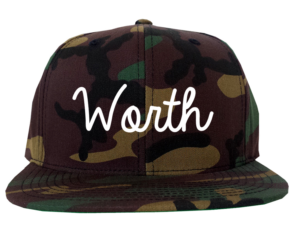 Worth Illinois IL Script Mens Snapback Hat Army Camo