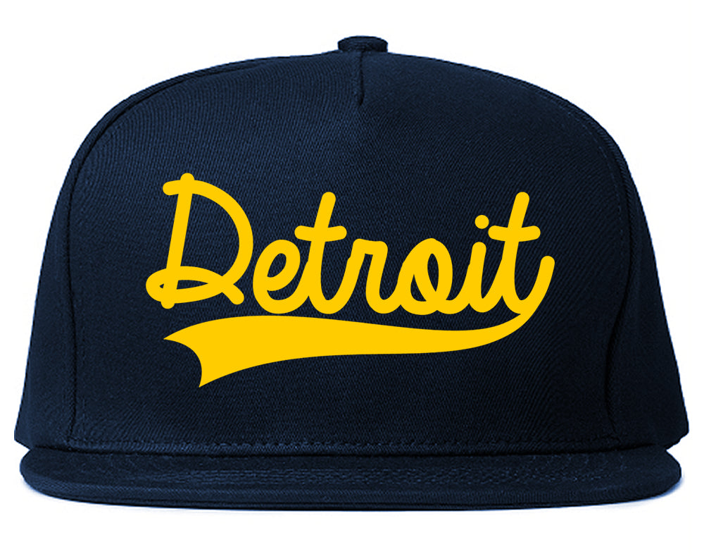 YELLOW Detroit Michigan Varsity Logo Mens Snapback Hat Navy Blue
