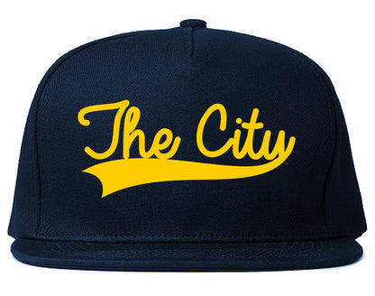 YELLOW The City San Francisco Varsity Logo Mens Snapback Hat Navy Blue