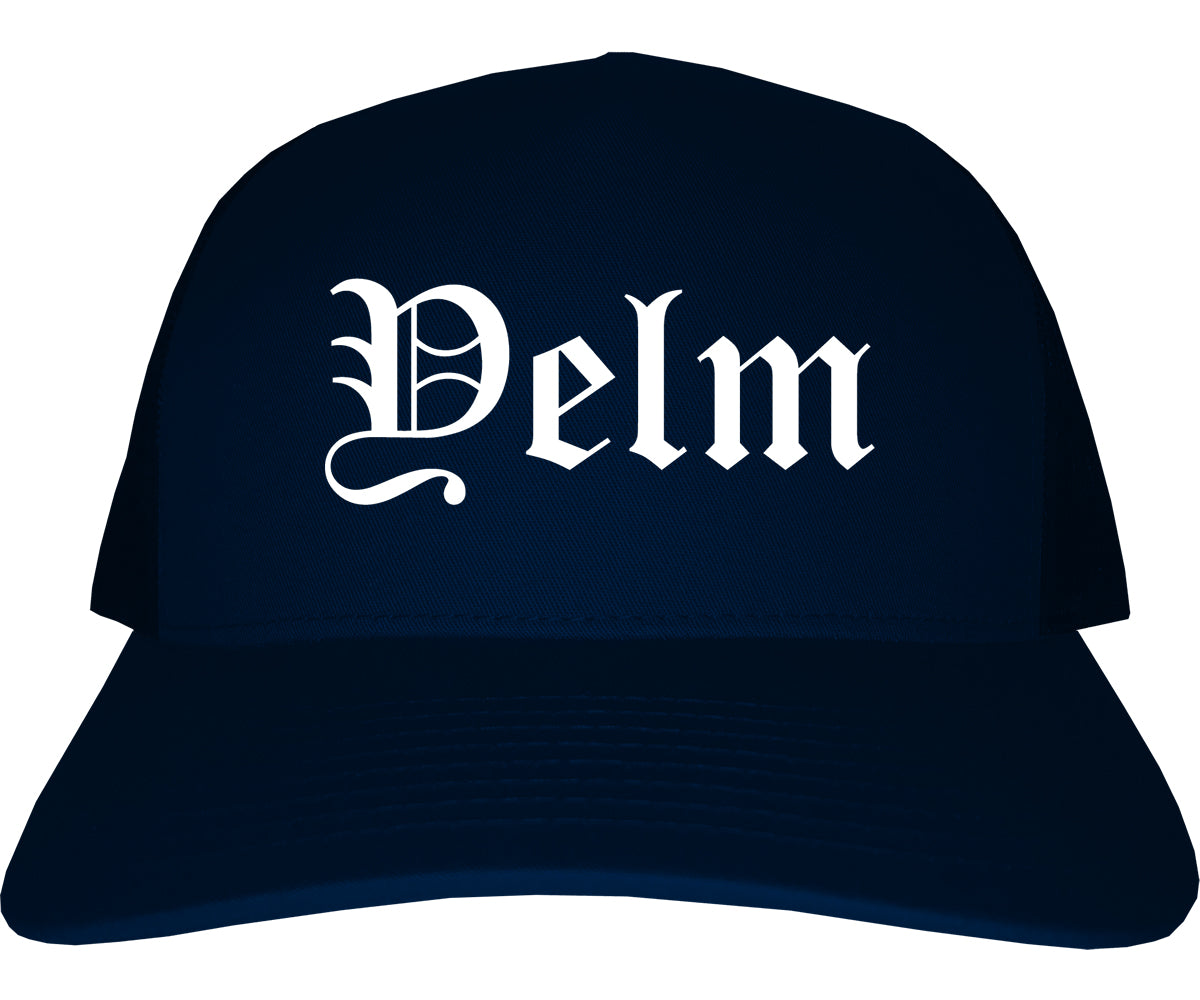 Yelm Washington WA Old English Mens Trucker Hat Cap Navy Blue