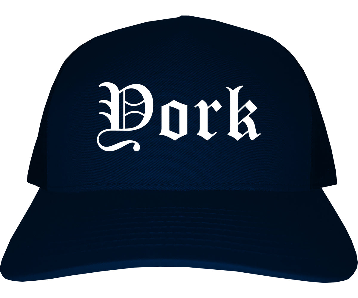 York Nebraska NE Old English Mens Trucker Hat Cap Navy Blue