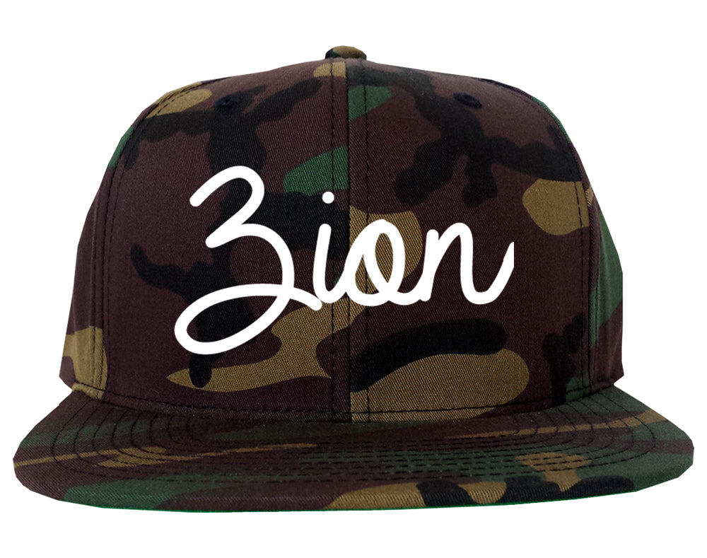 Zion Illinois IL Script Mens Snapback Hat Army Camo