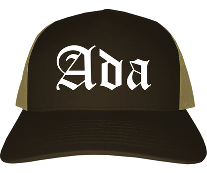 Ada Ohio OH Old English Mens Trucker Hat Cap Brown