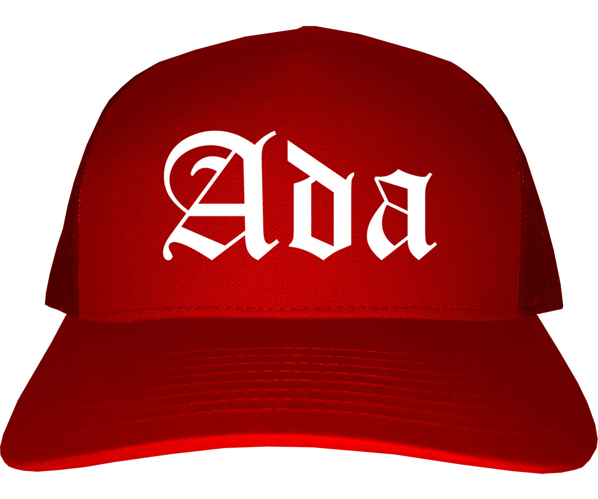 Ada Ohio OH Old English Mens Trucker Hat Cap Red