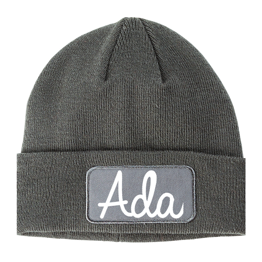 Ada Ohio OH Script Mens Knit Beanie Hat Cap Grey