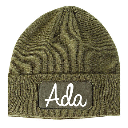 Ada Ohio OH Script Mens Knit Beanie Hat Cap Olive Green