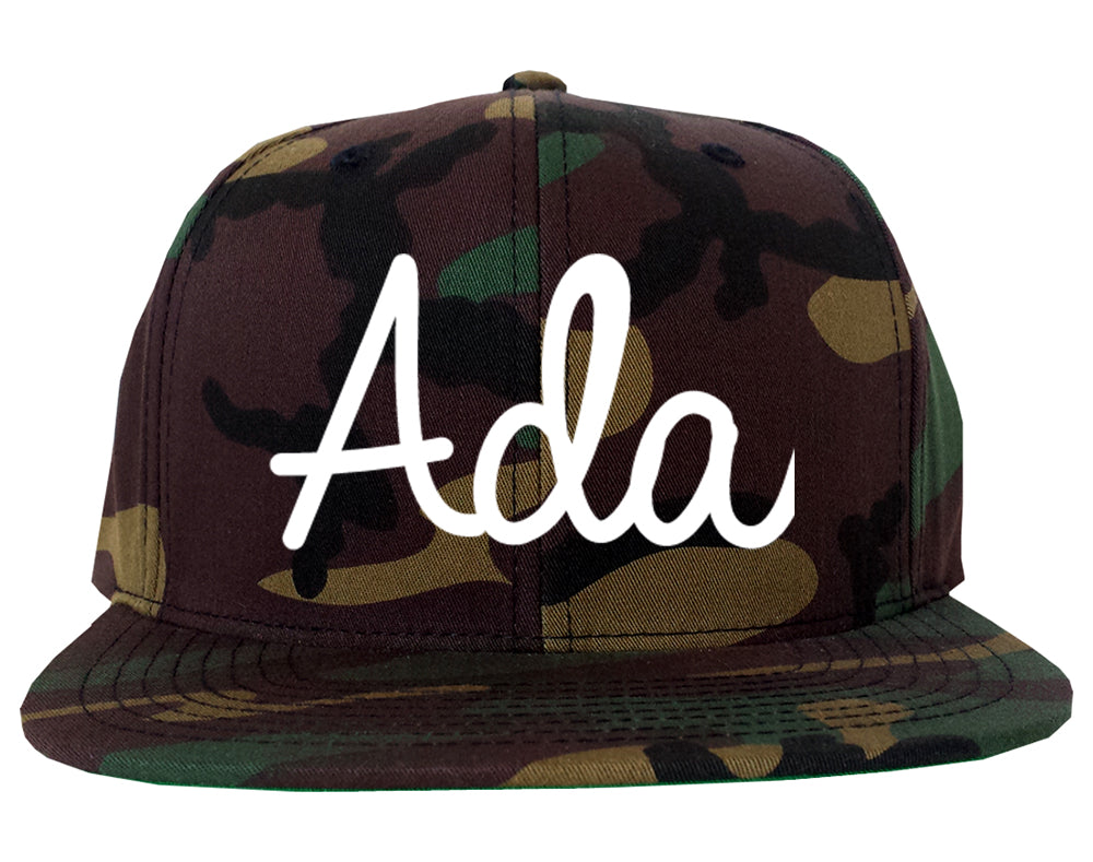 Ada Oklahoma OK Script Mens Snapback Hat Army Camo